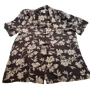 Deluxe 100% Silk Floral Frog Toggle Blouse Womens Large Brown Short Sleeve Top